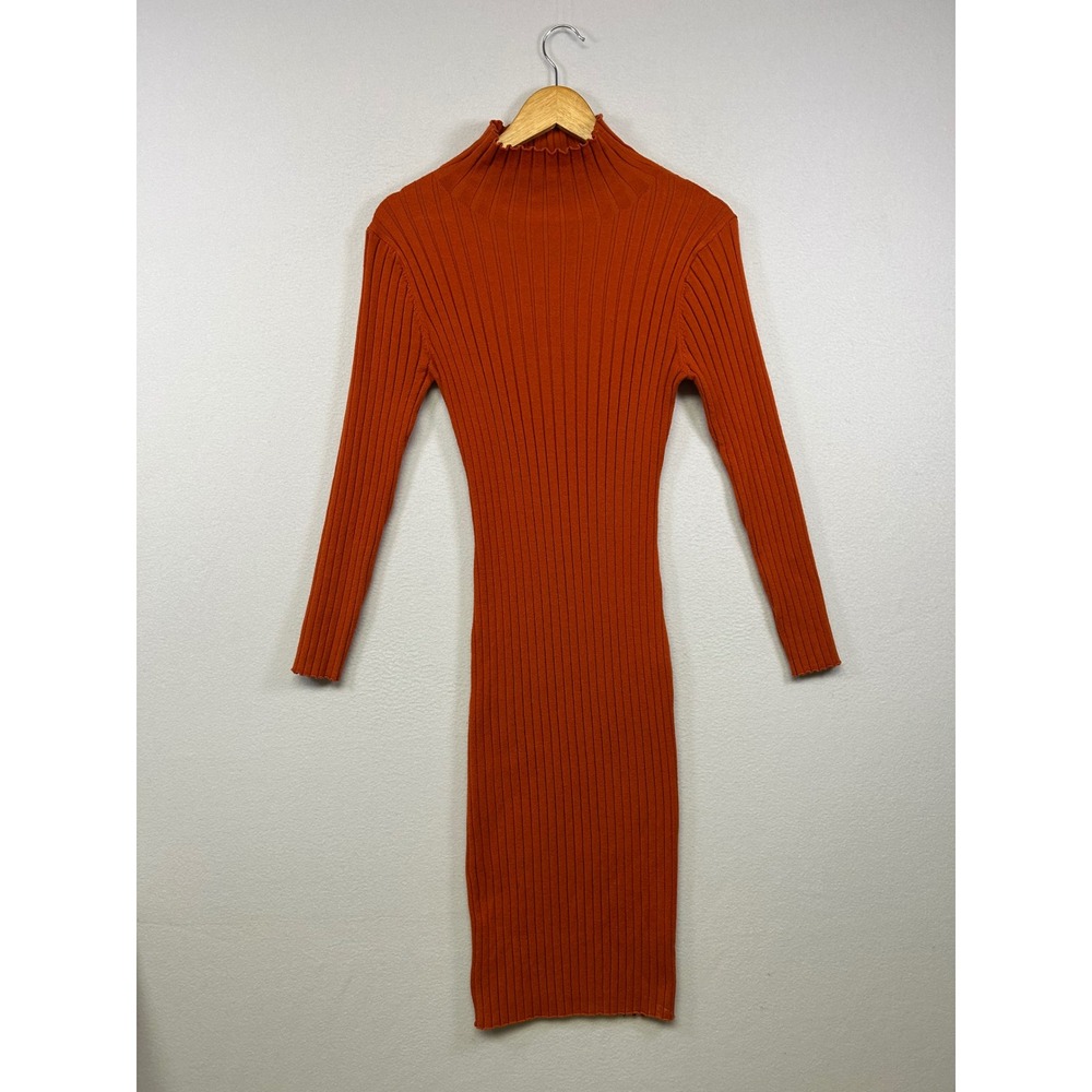 Minimalist Merokeety Womens Medium‎ Burnt Orange Ribbed Mock Neck Sweater Dress